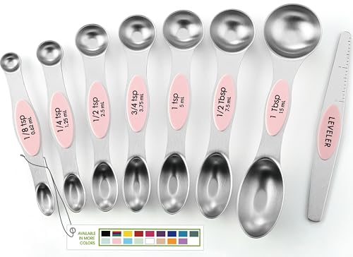 Spring Chef Stainless Steel Magnetic Measuring Spoons Set of 8 with Leveler, Dual Sided Teaspoon & Tablespoon Measuring Spoons with Strong Magnets, Kitchen Gadgets for Baking & Cooking - Pink Lemonade - color: Pink Lemonade, size: 1-Pack