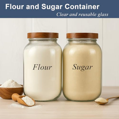 2 Pack Glass Flour Sugar Storage Containers with Acacia Wooden Lid, 1 Gallon Glass Jars with Airtight Lid, Wide Mouth Large Mason Jars 128oz for Rice, Pasta, Oats, Coffee Storage - size: Large
