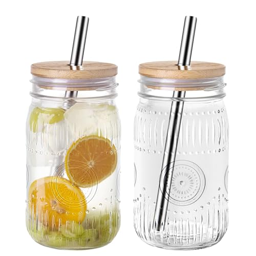 Amzcku 32oz vintage Mason Jars with Bamboo Lids and Stainless Steel Straws -Wide Mouth Quart Canning Jar, Reusable 32oz Boba & Smoothie Cups (2-Pack)