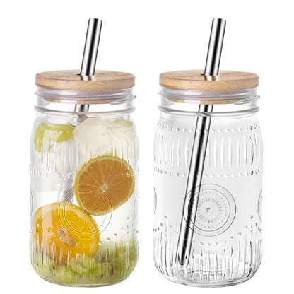 Amzcku 32oz vintage Mason Jars with Bamboo Lids and Stainless Steel Straws -Wide Mouth Quart Canning Jar, Reusable 32oz Boba & Smoothie Cups (2-Pack)