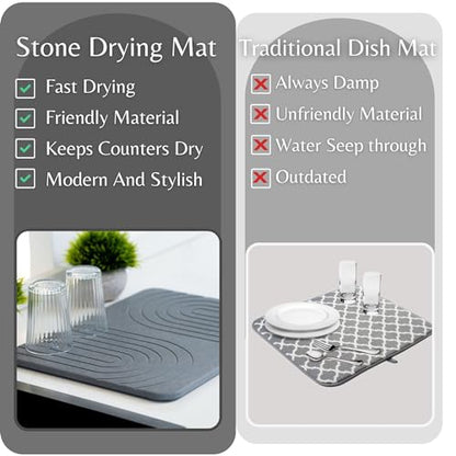 LIFSEZY- Stone Dish Drying Mat For Kitchen Counter, Super Absorbant Fast Drying Diatomaceous Earth Dish Drying mat, non slip, heat resistant, Gray, 15.3"" x 11.8''., sdm001 - size: 15.8" x 11.8"