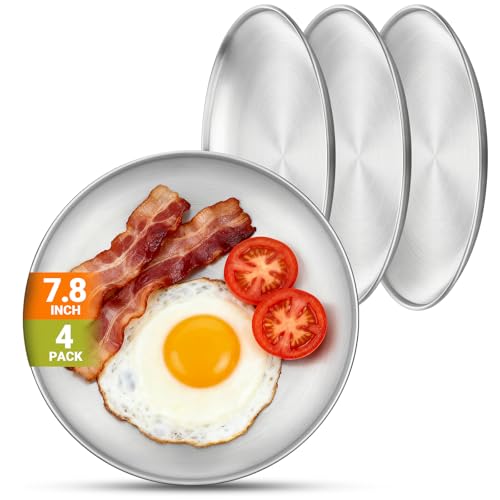 4 Stainless Steel Plates, 7.8 inch Small 201 Metal Camping Plate, Reusable Food Serving Dishes Snack Eating Round Shatterproof Brushed Finish Silver Dish for Dinner Oven Dishwasher Safe - size: 7.8"