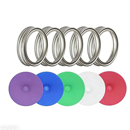 10-Pack fermentation lids - 5 Silicone fermenting lids & 5 Steel Rings, Fits 86mm wide mouth mason jars for for Sauerkraut, Sourdough, Pickles