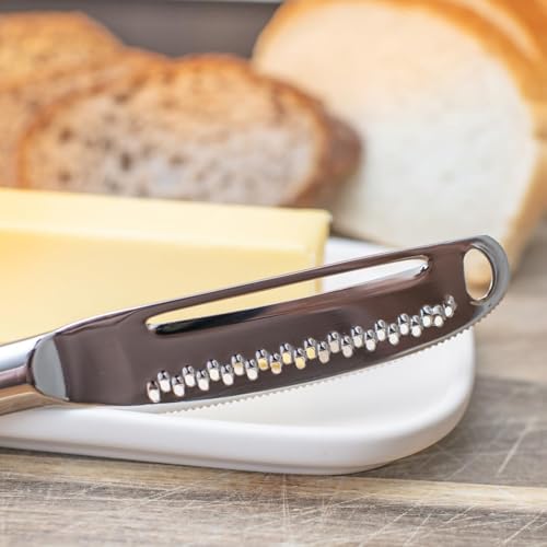Ready Butter Pro 3-in-1 18/10 Stainless Steel Butter Knife & Cheese Slicer | Balanced 6" handle, beveled edge slices cheese, serrated edge, grate and curl, extra-sharp micro graters, spreads cold butter - style: Ready Butter Pro