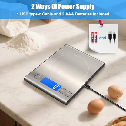 33lb Rechargeable Food Scale, Diyife 304 Stainless Steel Digital Kitchen Scale, 7.5 * 5.5 in Weight Grams and Ounces for Baking, Cooking, 5 Units with Tare Function, LCD Display, 2 AAA Batteries - color: Silver