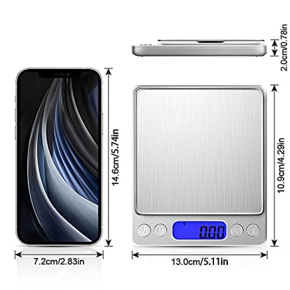 Digital Kitchen Scale with 2 Trays, Diyife 500g/0.01g High Precision Cooking Food Scale, Mini Gram Scale with LCD Display, 6 Units, Auto Off, Tare Function, Girls Gift (Batteries Included) - color: Silver