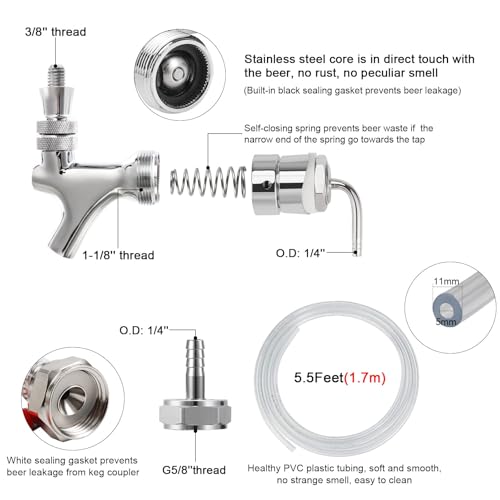 Draft Beer Line Shank Faucet Kit, Beer Keg Tap Kegerator Tower Dispenser Replacement Set with Self-Closing Spring Spanner Wrench No Leak 5.5 Feet 3/16'' Brewing Tubing 1/4'' Keg Coupler Barb - size: Faucet (Stainless Core) +Tube Kit