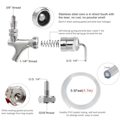 Draft Beer Line Shank Faucet Kit, Beer Keg Tap Kegerator Tower Dispenser Replacement Set with Self-Closing Spring Spanner Wrench No Leak 5.5 Feet 3/16'' Brewing Tubing 1/4'' Keg Coupler Barb - size: Faucet (Stainless Core) +Tube Kit