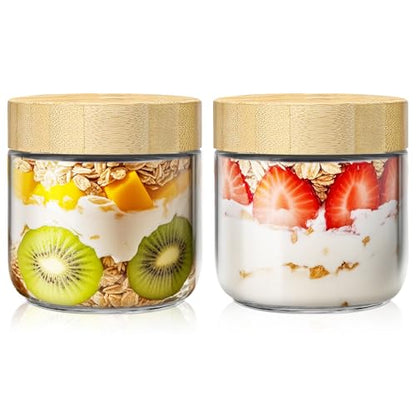 2 pack 10oz Overnight Oats Containers with Bamboo Lids, Glass Jars with Airtight Lids for Meal Prep, Wide Mouth Mason Salad Jars, Glass Food Storage Container for Yogurt Chia Snacks Spice Sugar - color: 10oz 2 Pack