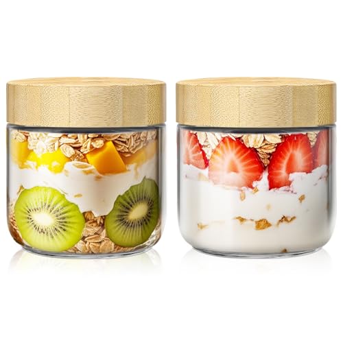 2 pack 10oz Overnight Oats Containers with Bamboo Lids, Glass Jars with Airtight Lids for Meal Prep, Wide Mouth Mason Salad Jars, Glass Food Storage Container for Yogurt Chia Snacks Spice Sugar - color: 10oz 2 Pack