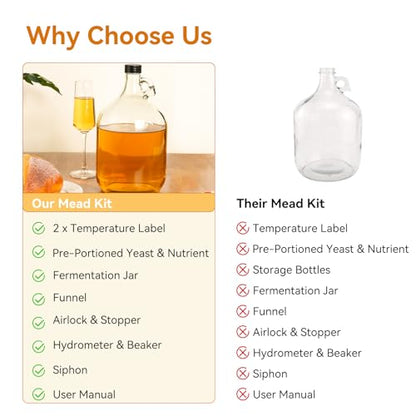 Mead Making Kit for Beginners - Complete Home Brewing Starter Set with Reusable Supplies, 1 Gallon Honey Wine Fermentation Jar with Yeast & Nutrients Airlock Stopper Hydrometer & Operation Guide - size: 1 Gallon Kit