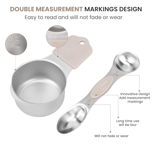 Magnetic Measuring Cups and Spoons Set-Heavy Duty 304 Stainless Steel，Double Measurement Markings，Set of 16 with Leveler for Measure Dry and Liquid Ingredients (khaki) - color: Khaki