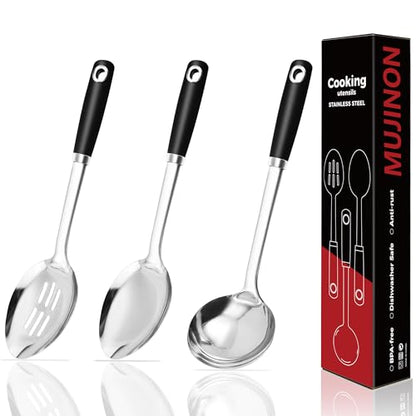 14-in Cooking Spoons Set, Heavy Duty 18/0 Stainless Steel Large Serving Spoons Set, Slotted Spoon, Cooking Spoon & Soup Ladle, Commercial and Residential Use, Pack of 3 - size: Cooking Spoons
