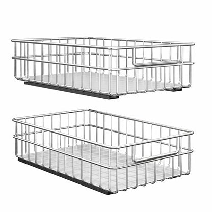 Pull out Cabinet Organizer, Stainless Steel 2-Pack Slide out Drawer with Silent Full-Extension Slides, Adhesive Roll out Can Spice Storage Basket Shelf Rack for Pantry, Kitchen, Bathroom, Home Closet - size: (11.8"W x 16.5"D x 4.7"H)