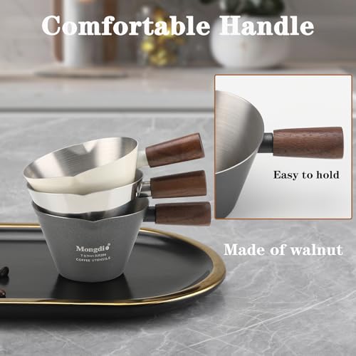 Mongdio Espresso Measuring Cup, Stainless Steel Espresso Shot Cups with Wooden Handle and Double Spouts, 3.4OZ/100ML, Silver - color: Silver, size: 3.4oz