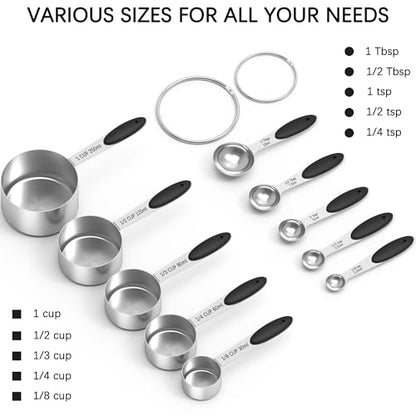 TILUCK Stainless Steel Measuring Cups and Spoons Set with Silicone Handle – Nesting Design for Space-Saving, Heavy Duty & Dishwasher Safe for Dry/Liquid Ingredients, Cooking & Baking (10)