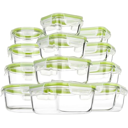 S SALIENT Airtight Meal Prep Containers for Food Storage [24 Piece] Leak Proof, Glass Bento Boxes for Lunch (12 lids & 12 Containers) - color: Green
