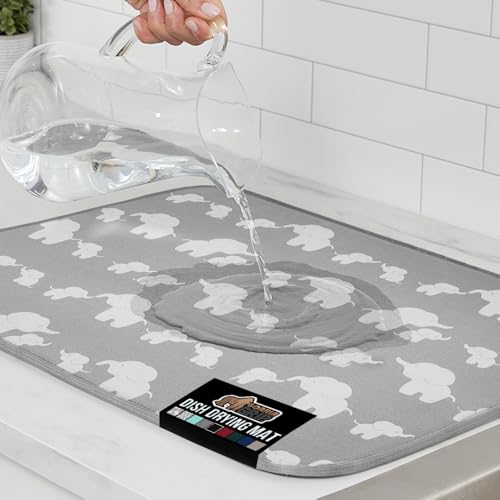 GORILLA GRIP Ultra Water Absorbent Microfiber Dish Drying Mat, Slip Resistant Grip Dot Backing, Fast Drying Mesh for Dishes, Kitchen Sink Counter, Machine Washable Dishrack Mats, 18x16 Inch, Elephants - color: Elephants, size: 18" X 16", style: Microfiber