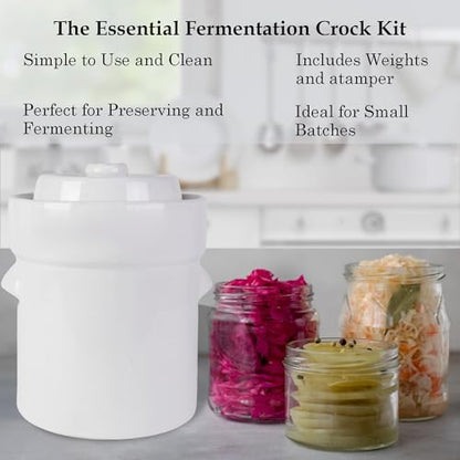 Fermentation Crock Jar 10 Liter/2.6 Gallon - Stoneware Pot for Fermenting, Pickling Kimchi, Pickles, Vegetables, Kombucha - Glazed Fermenter with Stone Weights, Lid-White