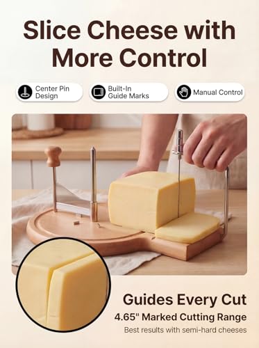 2-in-1 Cheese Curler and Slicer with Wooden Base, Stainless Steel Cheese Rosette Maker for Semi-Hard Cheese, Creates Elegant Rosettes and Uniform Slices
