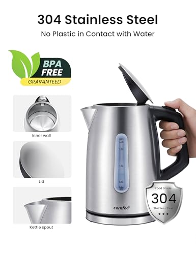COMFEE' Stainless Steel Electric Kettle, Temperature Control with 6 Presets, 1-Hr Keep Warm, Kettle Water Boiler 1.7 Litres, 1500W with Viewing Window, Auto-Off and Boil-Dry Protection - color: Silver Digital, size: 1.8 Quarts