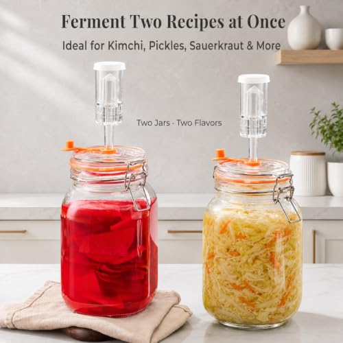 Fermentation Jar, 1.5L Glass Fermenting Kit with Airlocks, 2-Pack | Wide-Mouth Glass Jars With Self-Burping Airlocks for Sauerkraut, Kimchi, Pickles, Mead, Cider and Other Homemade Ferments
