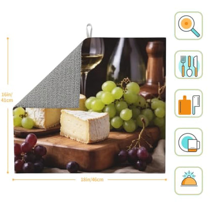 White Wine Cheese Cake Grapes Dish Drying Mat for Kitchen Counter, Absorbent Microfiber Drainer Mats, Non-slip Kitchen Draining Mat for Coffee Machine Dish Rack Pad 18"x16" Dish Drainer Pad - color: White Wine Cheese Cake Grapes