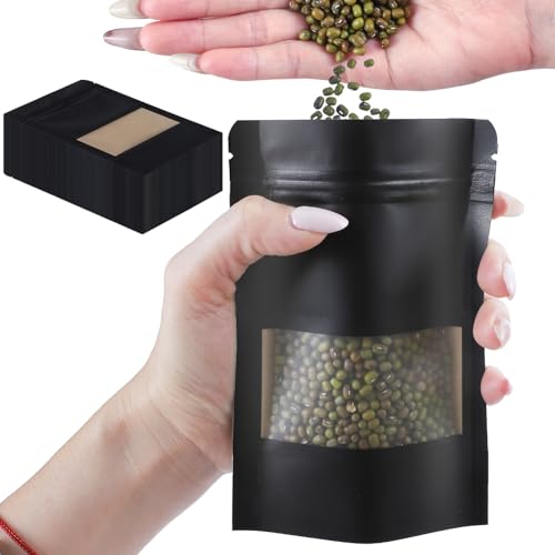 100 PCS Resealable Bags, Stand Up Kraft Paper Bags with Matte Window, Zipper Lock Food Storage Bags for Small Business and Home, 3.9x5.9 Inch Reusable Sealable Bags for Packaging - Black - color: Black,3.93*5.91 inches
