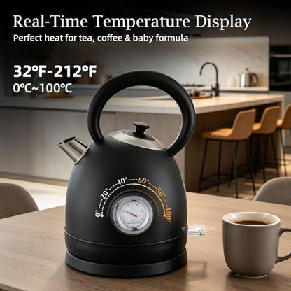 1.7L(57oz) Retro Electric Water Kettle, 1500W 304 Stainless Steel Temperature Control Tea Pot, Cordless LED, Built-in Thermometer, Auto Shut-Off & Boil Dry Protection - color: Black