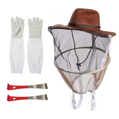 Beekeeping Cowboy Hat, Set of Beekeeping Hat with Goatskin Gloves and Stainless Steel Hive Scraper Tools, Professional Beekeeper Hat Beekeeping Equipment Beekeeper Hand Tool - style: Kit A