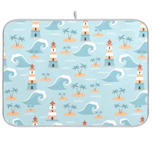 Ocean Lighthouse Palm Tree Dish Drying Mat for Kitchen Counter Super Absorbent Draining Mat with Non-slip Backed Dish Drying Pad for Countertops Sinks Draining Racks Dish Bottles Cups Bowl