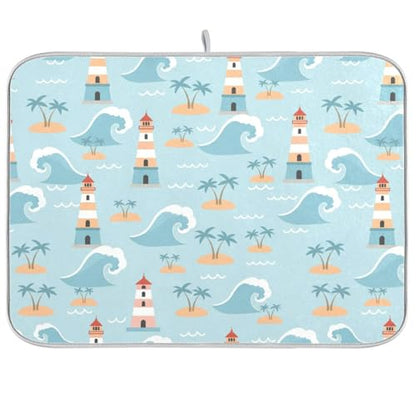 Ocean Lighthouse Palm Tree Dish Drying Mat for Kitchen Counter Super Absorbent Draining Mat with Non-slip Backed Dish Drying Pad for Countertops Sinks Draining Racks Dish Bottles Cups Bowl