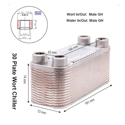 20/30/60 Plates Heat Exchanger Wort Chiller Cooler SUS 304 Stainless Steel For wort Cooling(30 Plates 3/4 GH Threaded) - size: 30 Plates 3/4 GH Threaded