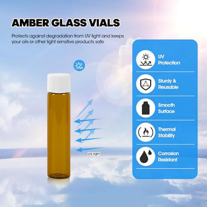 12PCS 7ml Amber Glass Vials with White Screw Caps and Plastic Stoppers, 2 Dram Leak-Proof Small Liquid Sample Bottles for Essential Oils, Perfumes, Reagents - color: AMBER, size: 7ml