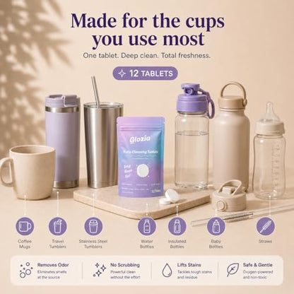 Water Bottle Cleaner Tablets for Tumblers & Travel Mugs, 12 Count | Water Bottle Cleaner, For Insulated Cups & Travel Mugs, Removes Coffee Stains & Odor, Bleach-Free Fizzy Formula