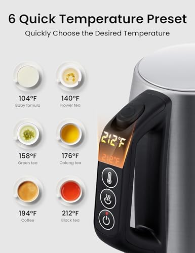 COMFEE' Stainless Steel Electric Kettle, Temperature Control with 6 Presets, 1-Hr Keep Warm, Kettle Water Boiler 1.7 Litres, 1500W with Viewing Window, Auto-Off and Boil-Dry Protection - color: Silver Digital, size: 1.8 Quarts