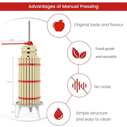 7.9 Gallon Fruit and Wine Press, Manual Cider Juice Maker with Solid Beech Wood Basket & Heavy-Duty Stand for Apples, Grapes, Berries - color: Red, size: 7.9 Gallon