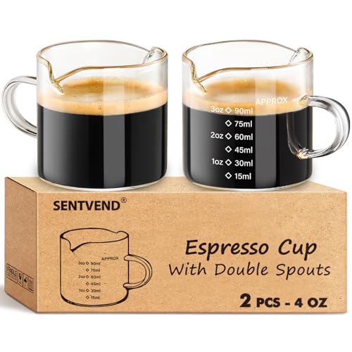 SENTVEND Espresso Cups Set of 2, 4 Oz Espresso Shot Glass with Handle Double Spout Measuring Cups with Scale Clear Glass Milk Cup Coffee Accessories Great for Making Coffee Desserts Salad Dressing - color: With Scale-Clear