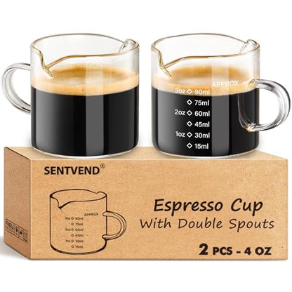 SENTVEND Espresso Cups Set of 2, 4 Oz Espresso Shot Glass with Handle Double Spout Measuring Cups with Scale Clear Glass Milk Cup Coffee Accessories Great for Making Coffee Desserts Salad Dressing - color: With Scale-Clear