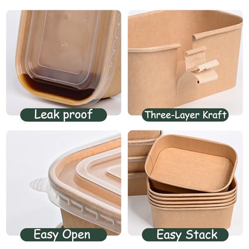 50 Pack Kraft Paper Food Container, 25 OZ Disposable Salad Bowls with Lids, Oil-Proof Rectangular Soup Bowls for Meal Prep Snack Takeout, Microwave Freezer Safe