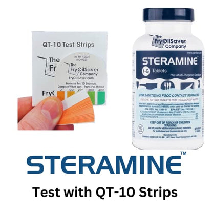 4 Bottles Steramine Sanitizer Tablets - 15x QT-10 Test Strip - Multi Purpose Sanitizing Tablets for Food Contact Surface, Kitchen, Restaurant Cleaning & Commercial Use by FryOilSaver (600 Count)