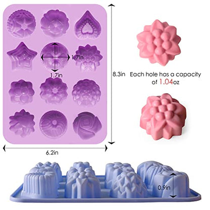 Sakolla 3 Pack Flower Molds Silicone, 12 Cavities Different Shapes Silicone Molds for Chocolate, Cupcake, Candy, Jelly, Ice Cube, Muffin (Pink, Purple, Blue) - color: Flower Shape/3 Colors