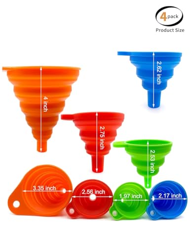 Collapsible Silicone Kitchen Funnels, 4 Pack Food Grade Foldable Funnel Set, 2 Small & 2 Large Funnels for Kitchen Use Filling Bottles, Canning, Cooking, and Water Powder Transfer