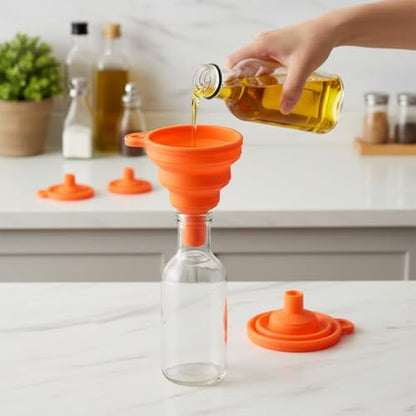 4 Pack Silicone Collapsible Kitchen Funnel for Water Beer Oil Filling Bottles ，Foldable Silicone Funnel Set – Collapsible Small & Large Funnels, Water Bottles & Liquid Transfer – Food Grade（Orange） - color: orange