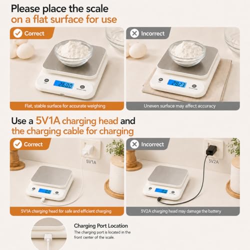 Digital Food Scale for Kitchen 11lb/0.1oz, 5kg/0.1g, Kitchen Scale for Cooking Baking, Built-in 300mAh Li-Battery, Rechargeable Type-C Charging White (1)