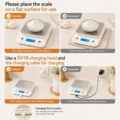 Digital Food Scale for Kitchen 11lb/0.1oz, 5kg/0.1g, Kitchen Scale for Cooking Baking, Built-in 300mAh Li-Battery, Rechargeable Type-C Charging White (1)