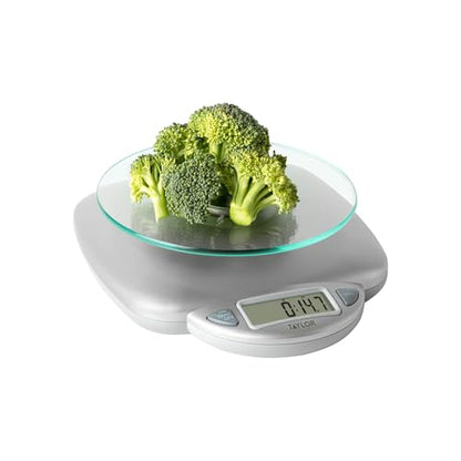 Taylor 11LB Capacity Digital Glass Top Kitchen Scale with LCD Display, Weight in Grams and Ounces for Baking, Cooking, and Meal Prep, Silver