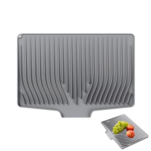 Silicone Dish Drying Mat with Raised Drainage Edges,Non-Slip and Heat-Resistant,Includes Hanging Hole,Kitchen Countertop Drying Mat,Easy to Clean(18.9" x 13.58", Grey)