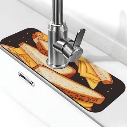 Faucet Mat for Kitchen Sink Super Absorbent Diatomite Fast Drying Stone Draining Mat 15" x 5.5" Non-slip Drain Pad Sink Mat Cheese Sandwiches Dish Drying Mat for Kitchen Bathroom Counter