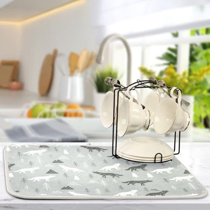 Wolves Tree Gray Dish Drying Mat for Kitchen Counter Super Absorbent Draining Mat with Non-slip Backed Dish Rack Pad for Draining Racks Countertops Sinks Dish Bottles Cups Bowl
